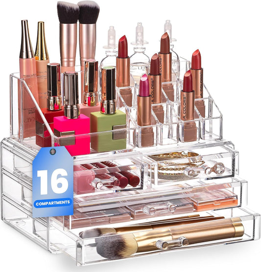 Clear Makeup Organizer - 16-Compartment Cosmetic and Jewelry Holder with 4 Drawers - Vanity Storage Box for Makeup, Skincare, Accessories, and Jewelry Display