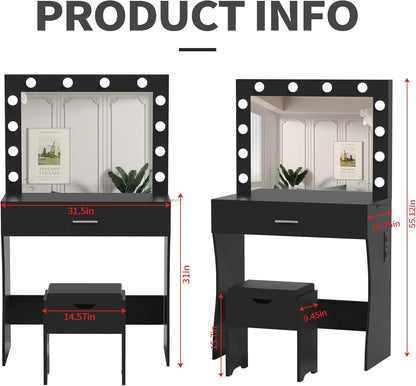 Vanity Table Set with Lighted Mirror - Makeup Vanity with Charging Station, Large Drawer Sturdy Wood Vanity with Lights, 3 Color Modes, Adjustable Brightness，Black