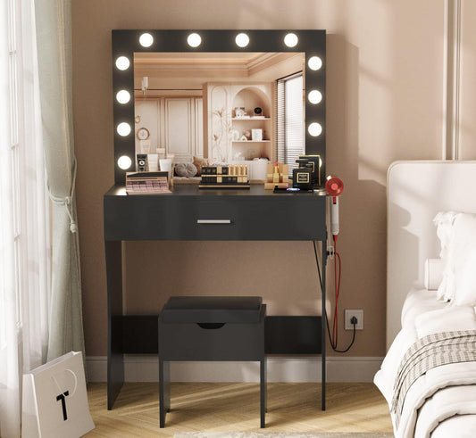 Vanity Table Set with Lighted Mirror - Makeup Vanity with Charging Station, Large Drawer Sturdy Wood Vanity with Lights, 3 Color Modes, Adjustable Brightness，Black